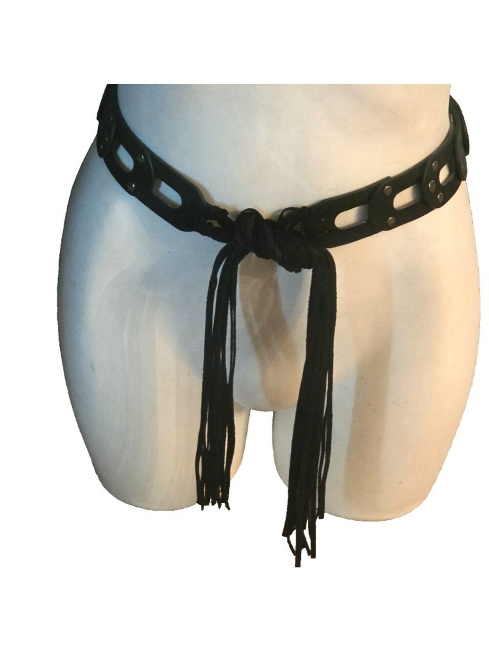 Small/Medium Black Tie Belt Fringe Boho Studded Hipster